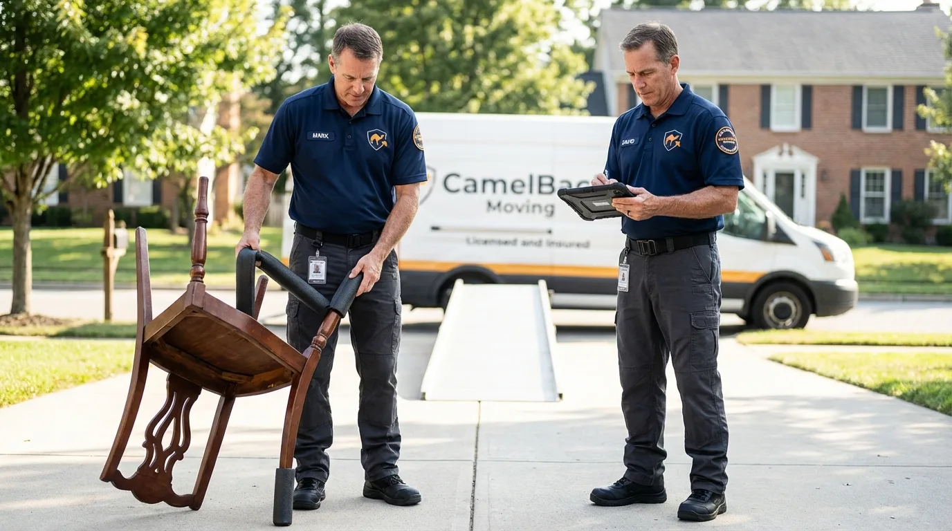 Movers inspecting furniture for damage prevention before loading in Oceano, CA