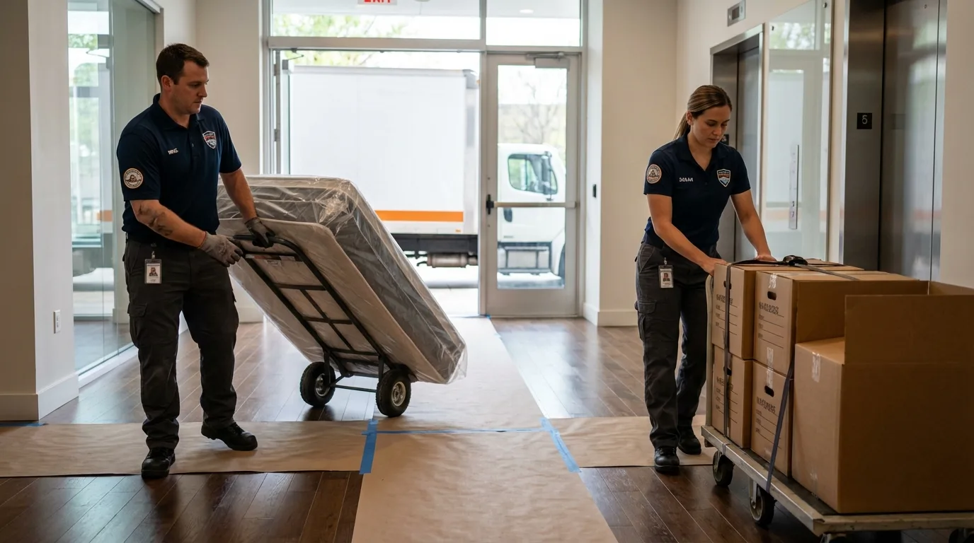 Professional apartment movers loading elevator in Oceano, CA