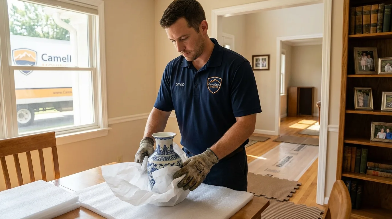 Professional crew carefully wrapping antique vase for senior downsizing move in Oceano, CA