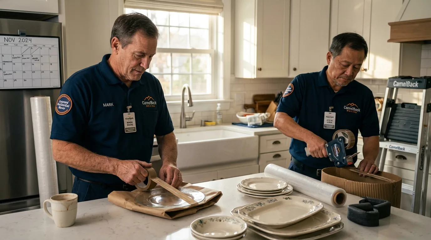 Professional crew packing kitchen dishware in Oceano, CA